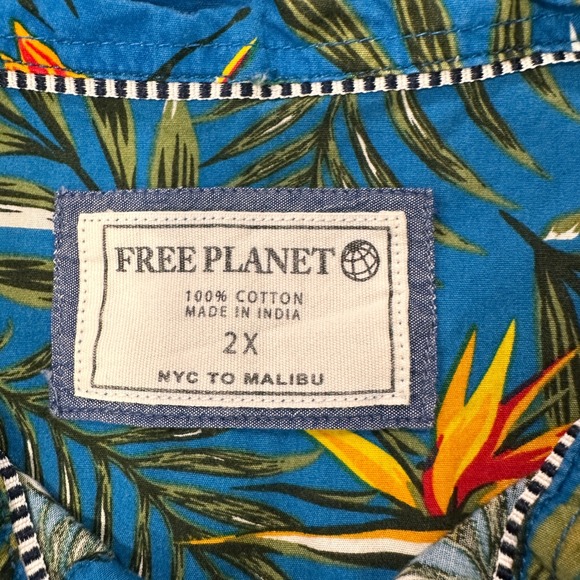 Free Planet Tropical Bird of Paradise Shirt Mens 2X Blue Cotton Aloha - Picture 4 of 7
